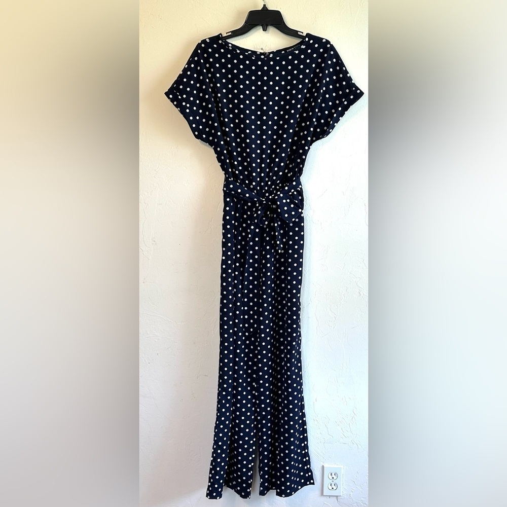 SHEIN Navy/White Polka Dot Wide Leg Elastic Waist & Belt Career Pantsuit Sz M